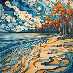 a painting of trees and water with clouds in the sky above it, as well as an ocean shore