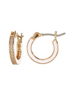 Dress it up or dress it down, our jewelry collection is filled with pieces that add instant polish.  Brass with gold finish.  Enamel accents.  Hypoallergenic, stainless steel backs are surgical grade, nickel free.  Length: 0. 5" (1. 3cm) White Metal Hoop Jewelry, White Gold Plated Hypoallergenic Hoop Earrings, Hypoallergenic White Gold Plated Hoop Earrings, White Gold-plated Hypoallergenic Hoop Earrings, Elegant Enamel Hoop Jewelry, Nickel-free White Huggie Earrings, Hypoallergenic White Huggie Earrings Gold-plated, White Enamel Small Hoop Earrings, Gold Enamel Hoop Jewelry