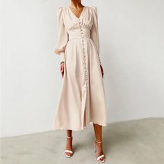 Lasaky - Silk Vintage Long Dress with Lantern Sleeves, Waist-Defining Fit Elegant Bodycon Dress, Vintage Long Dress, Midi Sundress, Elegant Midi Dresses, Lantern Sleeve Dress, Dress Women Elegant, Empire Dress, Satin Midi Dress, Women Maxi