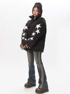 Look out of this world in our Star Puffer Jacket! Featuring an eye-catching pattern of stars across the sleeve, our coat will keep you warm and stylish all season long. Model is 5'4 115lbs wearing M Star Puffer Jacket, Striped Flare Jeans, Oversized Denim Jacket, Striped Jeans, Oversized Jacket, Asian Style, Out Of This World, Y2k Style, Hoodie Jacket