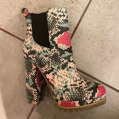 Never Worn Non- Brand Open To Offers Casual Pink Heels Medium Width, Casual Pink Medium Width Heels, Trendy Multicolor Boots For Spring, Trendy Multicolor Ankle-high Heels, Trendy Multicolor Spring Boots, Casual Multicolor High Heel Boots, Trendy Snake Print Boots For Spring, Spring Snake Print Round Toe Heels, Bootie Boots