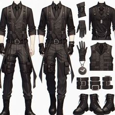 Black And White Fantasy Outfit Male, Assassin Outfits Male, Male Tactical Outfit, Modern Fantasy Outfit Male, Male Combat Outfit, Character Design Male Outfit, Character Art Clothes, Drawing Clothes Ideas Male, Male Designer Fashion