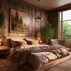 a bedroom with wood paneled walls and flooring has a large painting on the wall