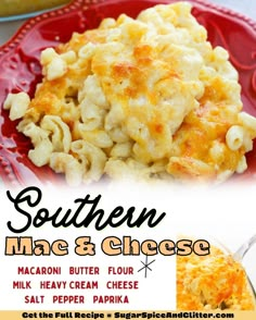 an advertisement for macaroni and cheese on a red plate