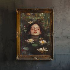 an oil painting of a woman floating in water surrounded by lillies and lily pads