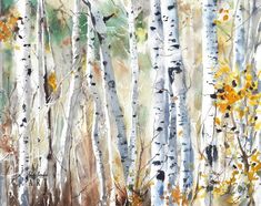 watercolor painting of trees with yellow leaves