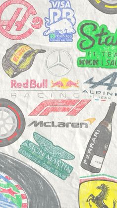 the fabric has many different types of stickers on it, including cars and motorcycles