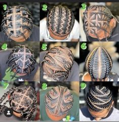 many different styles of braids on the back of a man's head, all with