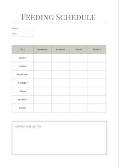 a printable feeding schedule is shown in the form of a blank sheet with text