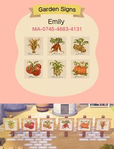 Animal Crossing New Horizons custom designed vegetable signs for the new 2.0 update, including wheat, carrots, potatoes, tomatoes, sugarcane, and pumpkins. Created by Emily, whose designer code is MA-0845-4683-4131 Animal Crossing Design Codes, Animal Crossing Design, Cottagecore Animal Crossing, Acnh Cottagecore, Plant A Garden, Animal Crossing 3ds, Ac New Leaf, Animal Crossing Funny, Animal Crossing Memes