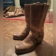 Was Gifted These Years Ago But They’re The Wrong Size So I No Longer Want To Hold On To. They Have A Worn In Look But Have Actually Only Been Worn Twice. Leather Moto Boots With Goodyear Welt For Western Events, Leather Moto Boots For Western-themed Events, Western Bridle Leather Boots For Fall, Rustic Leather Moto Boots With Snip Toe, Leather Lined Moto Boots With Round Toe For Ranch, Rustic Leather Moto Boots For Ranch, Rugged Leather Moto Boots For Ranch, Rustic Leather Moto Boots With Round Toe, Rustic Distressed Brown Leather Moto Boots