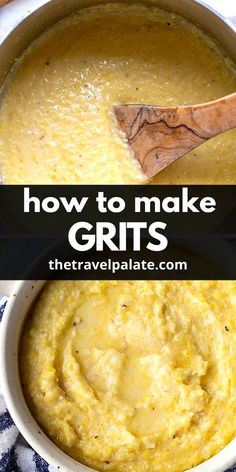 how to make grits in a pot with a wooden spoon and text overlay that says how to make grits