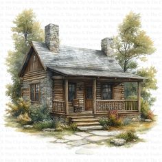 a drawing of a small log cabin with porch and stone steps leading up to the front door