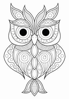 an owl with ornate patterns on it's face and eyes, outlined in black ink