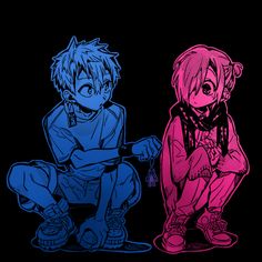 two anime characters sitting next to each other on a black background with red and blue colors