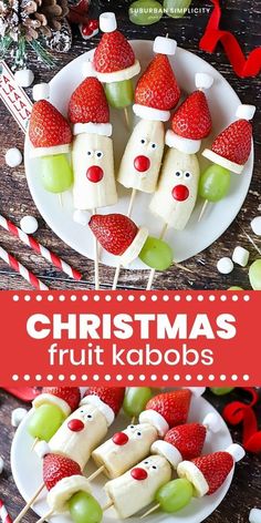 christmas fruit kabobs on a white plate