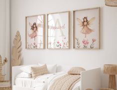 a bedroom with three pictures hanging on the wall