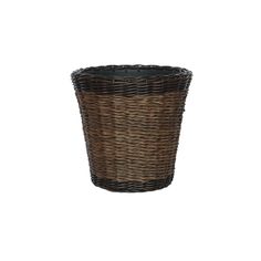 a brown and black basket on a white background