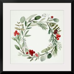 a wreath with red berries and green leaves on it is hanging in a black frame