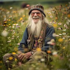 an old man with long white hair and beard sitting in a field full of wildflowers