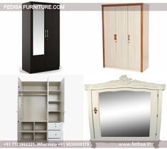 four different types of furniture including a mirror, dresser and armoire with doors on both sides