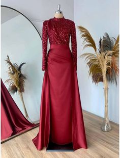 Sheath Formal Dress Evening Gown Christmas Red Green Dress Formal Sweep / Brush Train Long Sleeve Jewel Neck Satin with Pleats Ruched Sequin Green Dress Formal, Gown Christmas, Red Green Dress, فستان سهرة, Dress Evening, Dress Formal, Christmas Red, Jewel Neck, Wedding Bridesmaid Dresses