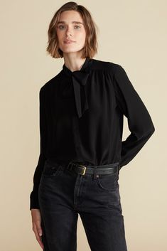 Milla Washable Silk Bow Blouse - Black Mulberry Silk Fabric, Cardigan Sweater Coat, Bow Blouse, Jumpsuit Skirt, Sleeves (women), Silk Crepe, Sweater Coats, Mulberry Silk, Denim Pant