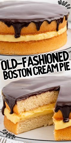 an old - fashioned boston cream pie with chocolate frosting on top is shown in three different views