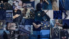 a collage of images with blue and black colors, including the image of a woman wearing