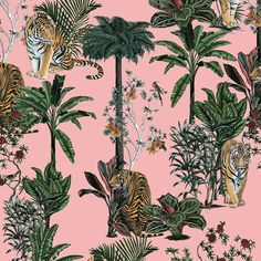 MUSE Wall Studio Tiger Tropics in Pink Jungle Landscape, Pink Office Decor, Pink And Green Wallpaper, Punch Pink, Tiger Wallpaper, Business Branding Inspiration, Luxury Landscaping, Jungle Wall, Gouache Paint