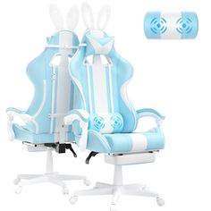 PRICES MAY VARY. 【CUTE RABBIT SHAPE】The uniqueness of Ferghana gaming chair is the kawaii bunny ears mounted on the top of the backrest and the fluffy rabbit tail on the back. The soft PU material with light blue and white color scheme is more playful, perfect as a gift for girls, kids or adults. The ears and tail are removable, so you can feel free to change them with your favorite accessories. 【COMFORTABLE ERGONOMICS】This high back gamer chair is designed to fit the curvature of human spine. T Blue Gaming Chair, Pc Gaming Chair, Gamer Chair, Chaise Gaming, Game Chair, Chair With Footrest, Blue Bunny, Cute Games, Computer Chair