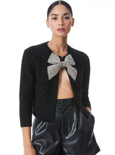 Akira Embellished Bow Cardigan In Black Combo | Alice And Olivia Luxury Spring Cardigan For Formal Events, Glamorous Evening Cardigan For Winter, Glamorous Evening Winter Cardigan, Chic Winter Cardigan For Party, Chic Winter Party Cardigan, Elegant Fall Party Sweater, Chic Fall Cardigan For Party, Elegant Fall Cardigan For Party, Chic Fall Party Cardigan