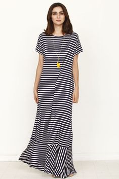 Navy Stripe Short Sleeve Ruffle Bottom Maxi Dress_Plus Summer Ruffle Dress In Elastane, Casual Maxi Length Dress, Summer Dresses With Ruffles, Casual Elastane Maxi Dress For Summer, Casual Striped Midi Dress With Ruffles, Casual Stretch Dress With Ruffle Hem, Casual Summer Midi Dress In Elastane, Casual Stretch Midi Dress With Ruffle Hem, Spring Casual Midi Dress