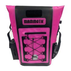 a pink and black backpack with the words mammoth on it