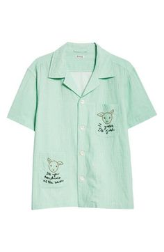 Inspired by a vintage romper, this short-sleeve cotton shirt is hand-embroidered with playful cursive lettering and sweet-faced farm animals. Front button closure Notched collar Short sleeves Chest patch pockets 100% cotton Dry clean Imported Designer Clothing Embroidered Cotton Camp Shirt For Summer, Embroidered Short Sleeve Shirt For Daywear, Cotton Camp Shirt With Short Sleeves For Daywear, Embroidered Short Sleeve Day Shirt, Spring Embroidered Cotton Camp Shirt, Summer Embroidered Cotton Camp Shirt, Embroidered Short Sleeve Daywear Shirt, Embroidered Button-up Camp Shirt For Summer, Embroidered White Short Sleeve Camp Shirt