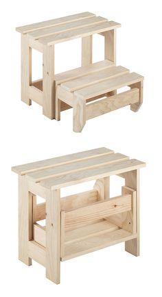 two wooden benches sitting next to each other on top of a white background with no one in it