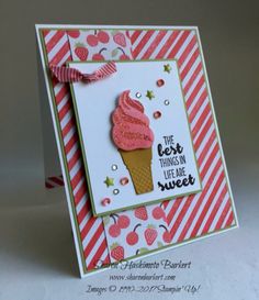 a handmade card with an ice cream cone on the front and pink stripes around it