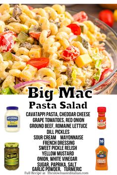 the ingredients for this pasta salad are displayed in front of an advertise poster