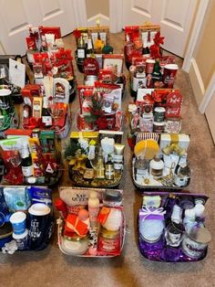 several baskets filled with various items on the floor