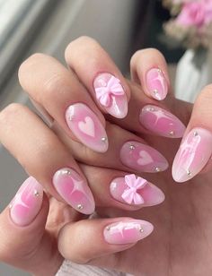 24pcs  Medium-Length Almond Press On Nails Gradient Pink With Starlight 3D Bow Birthday Nail Designs, Ootd Instagram, Easy Nails, Girly Acrylic Nails, Fake Nails With Glue, White Nail, Gradient Nails, Birthday Nails, Stick On Nails