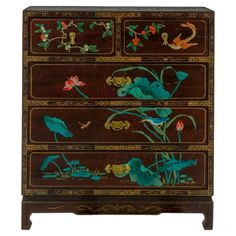 This chinoiserie chest is wonderful! It is had painted with a pretty birds holding cherry branches and a plethora of flowing lotus leaves and insects. The sides are also painted in a similar manner. The brass hardware is original and contributes to the overall charm. It is in very good condition and is marked made in Macau. My shipping is running two to five weeks, and local pick up requires an appointment . For locations like Nantucket, we ship to a receiving facility in Hyannis. Flatware Chest, Chest Makeover, Patina Style, Three Drawer Chest, Custom Benches, Painted Chest, Commode Chest, Floral Swag, Chinese Export