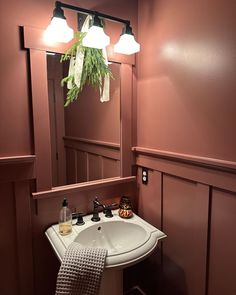 a white sink sitting under a bathroom mirror next to a wooden paneled wall with two lights on it