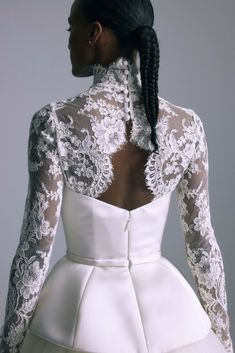 French Alençon lace high collar topper with open back detail. Styled with Banks. Shown in ivory Lace Collar Wedding Dress, Collar Wedding Dress, Peplum Wedding Dress, Peplum Corset, Bridal Topper, Amsale Bridal, Bridal Tops, Duchess Satin, Alencon Lace