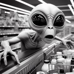 an alien looking over the top of a grocery cart in a store aisle with shelves full of milk and condiments