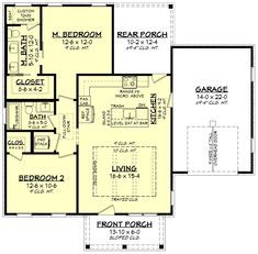 the floor plan for a two story house with an attached garage and living room area