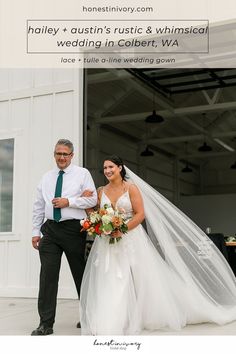 the bride and groom are walking out of their wedding ceremony venue with text overlay that reads, haley, austin's rustic & whimsic & whimsical wedding in colley