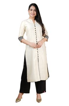 Go effortlessly beautiful in this subtle cream kurta teamed with black palazzo pants. The kurta features mock buttons, three-quarter sleeves, side, and front slits A perfect choice to win on any day, The best pick for your versatile wear. Make a statement that leaves an epitome for simplicity and style in the same go. The kurta set is certain to be an ideal choice of clothing for any day or evening, Put it on without a question and leave a mark behind yourself.  Product Highlights: Cream and Bla Wedding Black Palazzo Set With Straight Kurta, Semi-stitched Black Palazzo Set For Eid, Fitted Black Palazzo Set With Resham Embroidery, Black Palazzo Set With Straight Kurta, Eid Black Semi-stitched Palazzo Set, Black Palazzo Pants, Palazzo Pants, Quarter Sleeve, Three Quarter Sleeves