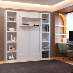 a room with a desk, chair and bookcases in the middle of it