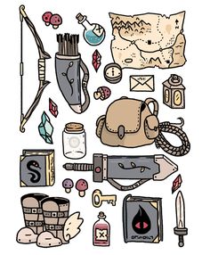 an assortment of items are shown on a white background, including a backpack and other things