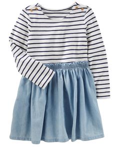 Baby Girl Striped Chambray Dress | OshKosh.com Girl Pajamas, Oshkosh Baby, Girls Overalls, Toddler Sweater, Girls Stripes, Newborn Dresses